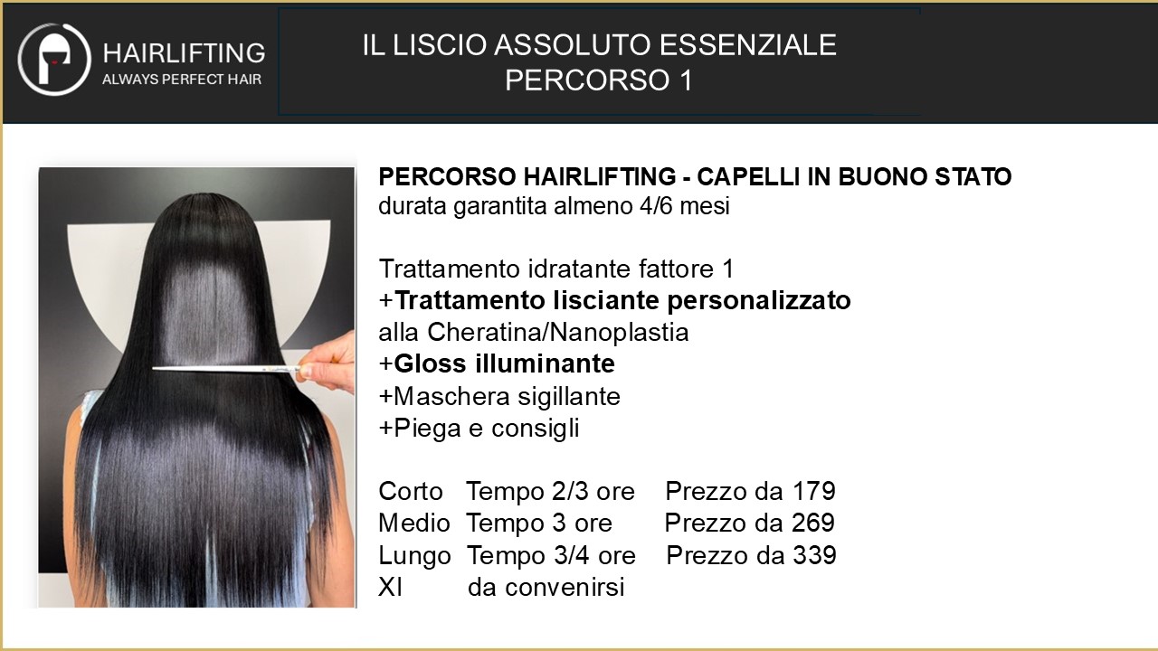Woman with long, glossy black hair being combed, with Italian hair treatment menu on the right.