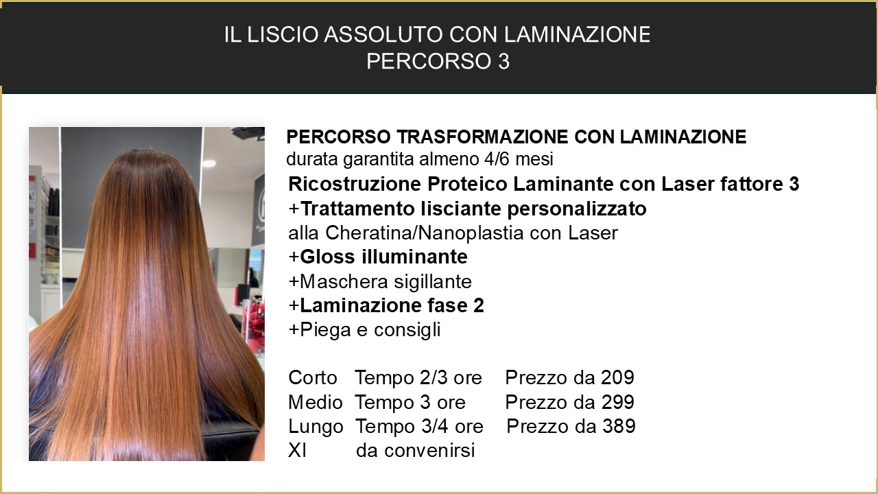 Back view of a woman with long, straight, light brown to copper hair in a salon, next to a block of bold Italian text about a lamination treatment package.
