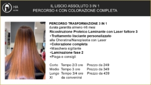 Back view of a woman with long copper-brown hair in a salon; ad for 'Percorso Trasformazione 3 in 1' program