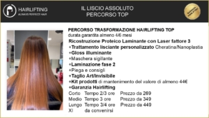 Back view of a person with long straight ombre hair, warm brown to copper tones, in a hair salon windowing the service promo.