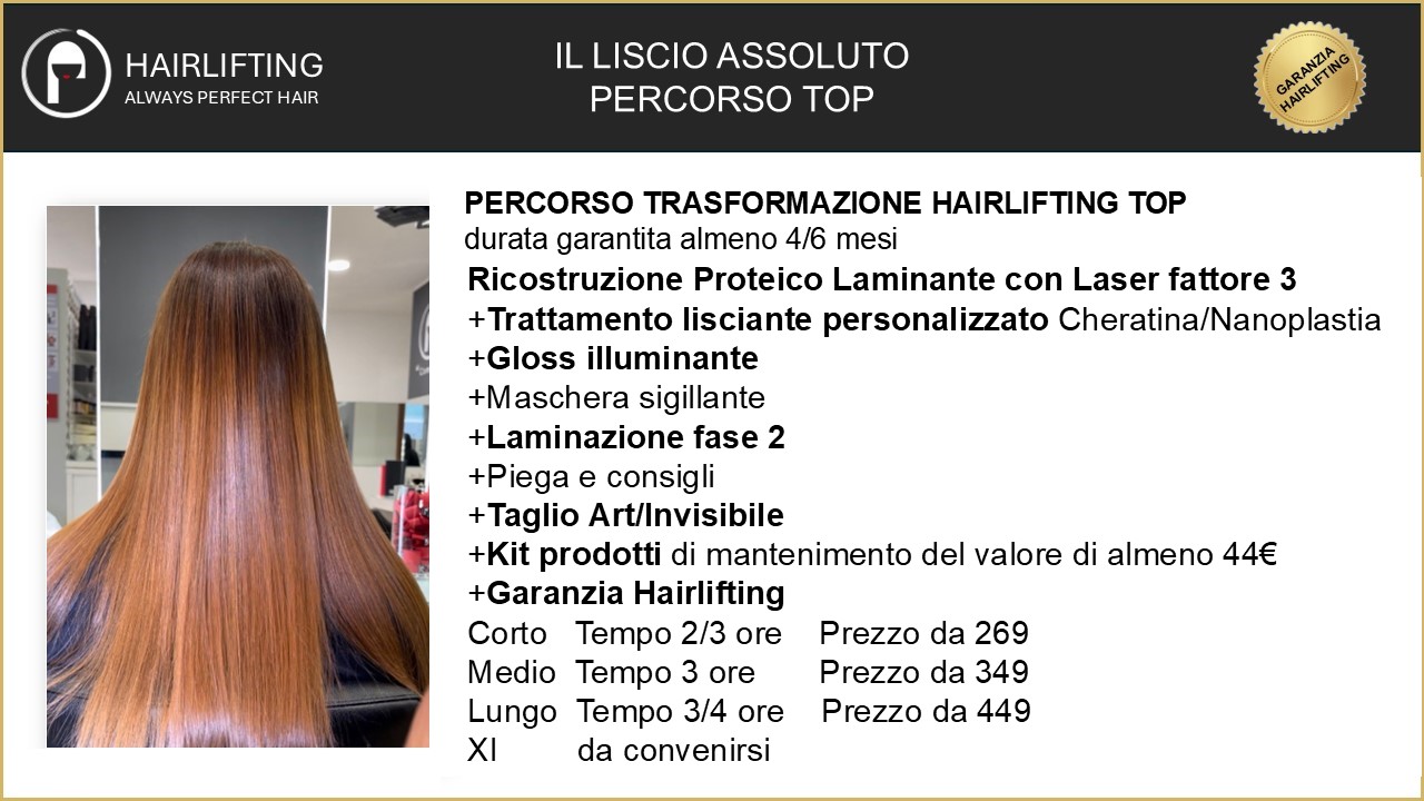 Back view of a person with long straight ombre hair, warm brown to copper tones, in a hair salon windowing the service promo.