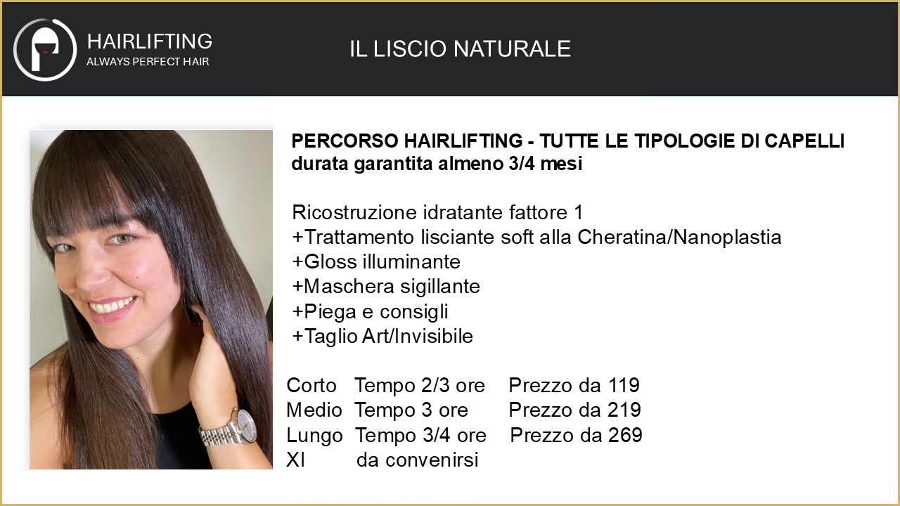 Informational web page header for a Hairlifting course featuring a smiling woman with long straight brown hair on the left and Italian course details on the right.