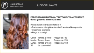 Web page header for a hair salon featuring a photo of copper-brown, wavy hair next to Italian service details and prices.