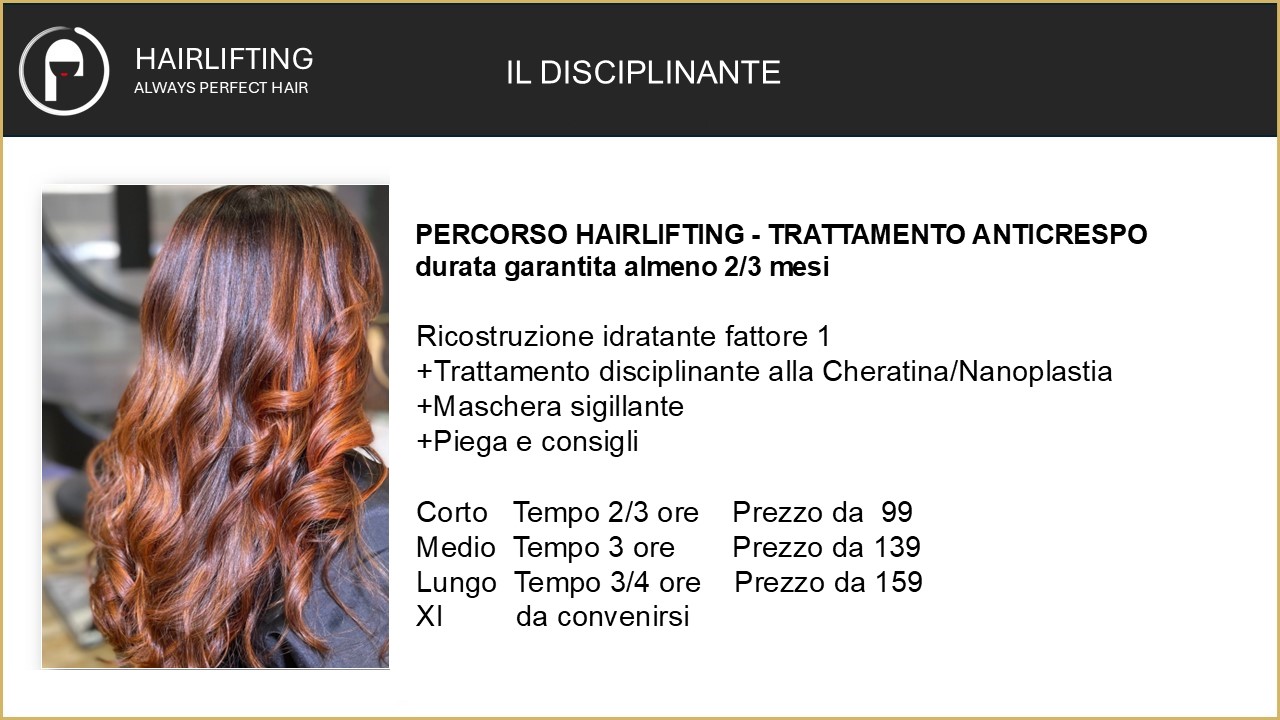 Web page header for a hair salon featuring a photo of copper-brown, wavy hair next to Italian service details and prices.