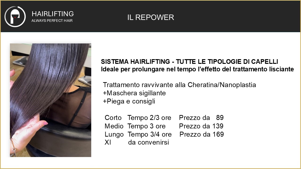 Salon chair with a client’s long, glossy straight hair as an advertisement banner for IL REPOWER hair treatment.