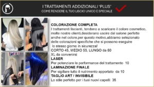 Banner for a hair salon promo of Plus treatments; left shows four hair photos, right displays Italian service text about coloring and treatments.
