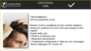 Banner for Gentleman Care: close-up of a man touching his hair on the left, Italian treatment text on the right.