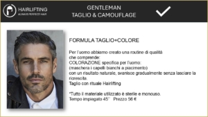Portrait of a man with styled dark hair on the left, advertising a men's haircut and color service 'FORMULA TAGLIO+COLORE'.