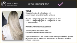 Banner for Hairlifting Le Schiariture Top: photo of a woman with long platinum-blonde hair beside Italian service details and prices.