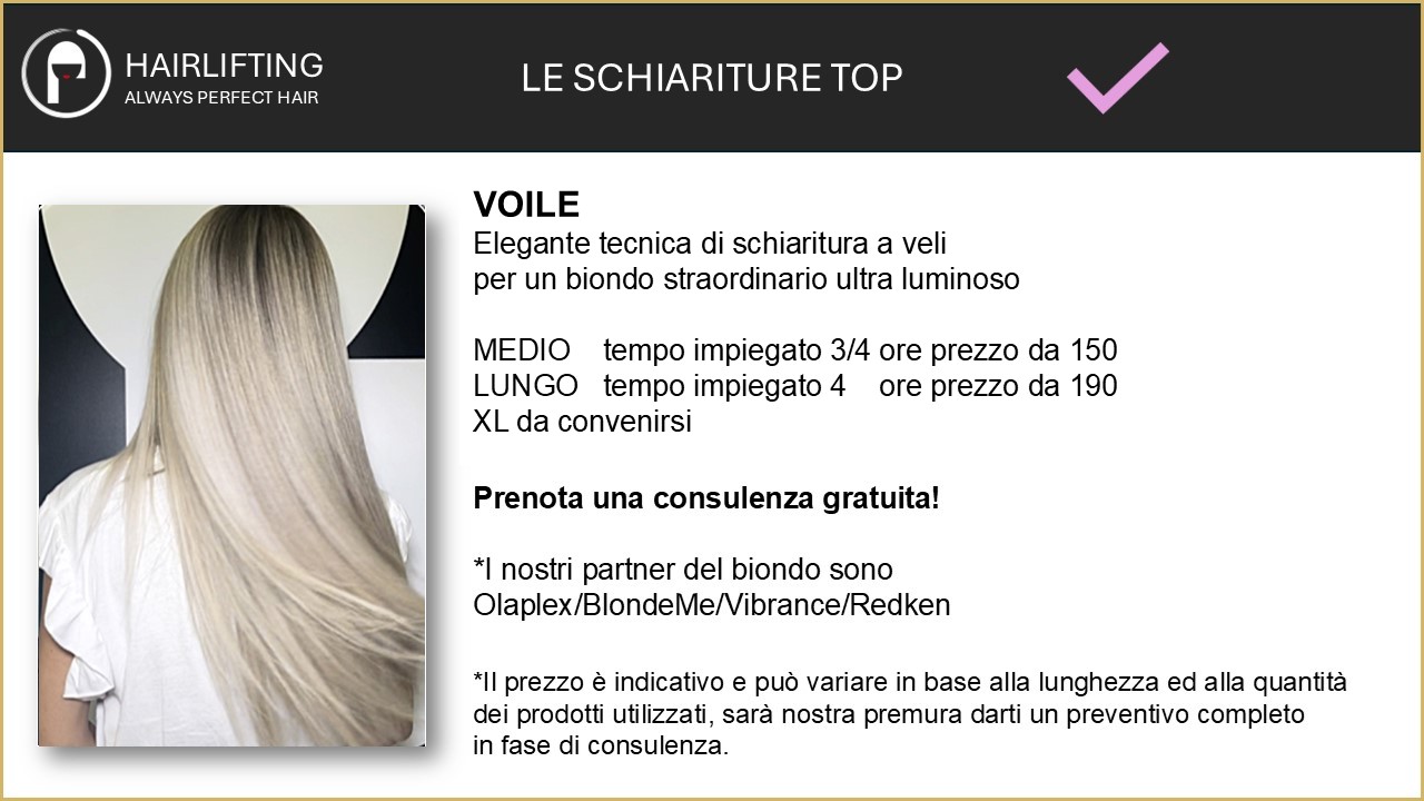 Banner for Hairlifting Le Schiariture Top: photo of a woman with long platinum-blonde hair beside Italian service details and prices.