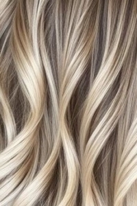 Close-up of wavy blonde hair with light and dark streaks creating a balayage effect.